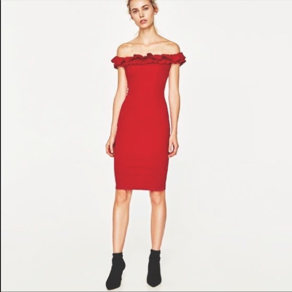 Zara Red off the Shoulder Ruffle Midi Dress